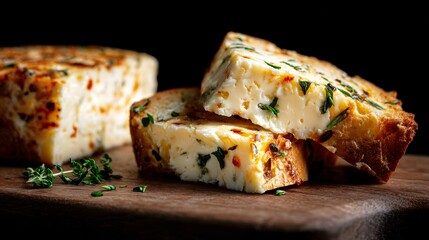 Cheese and bread snack photographed from low angle, neutral backdrop