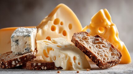 Cheese and bread snack photographed from low angle, neutral backdrop