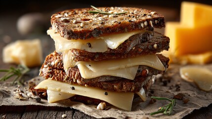 Cheese and bread snack photographed from low angle, neutral backdrop