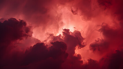 A stunning and intense sky full of dark red clouds glowing with fiery light during a dramatic sunset