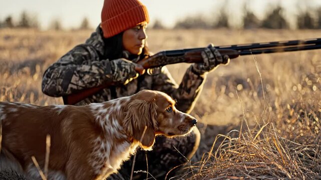 Woman hunter and her hunting dog in camouflage watch and aim with a shotgun in a dry field at sunset footage.