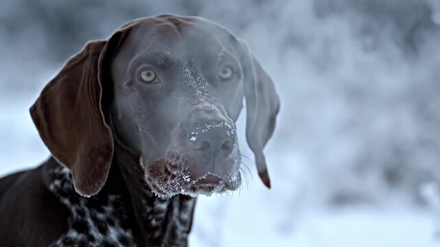 German shorthaired pointer dog in winter snow with breath visible in cold weather, hunting breed concept footage.