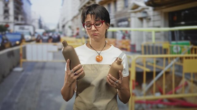 Woman holding two pottery bottles and inspecting them in a street near yellow barricades and passing cars, wearing apron and red glasses; uncertainty.