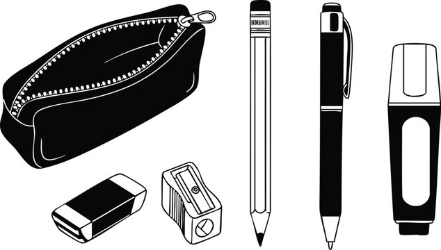 Line art pencil case stationery set top view open zipper pencil pen marker eraser sharpener isolated black and white vector illustration close up flat design minimalist