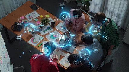 A modern workspace featuring a team engaged in discussion and strategy planning, with digital elements depicting AI and data analysis, promoting innovation and collaboration. Raster - Powered by Adobe