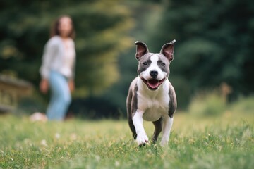 Playful pitbull running in park with female adult in background