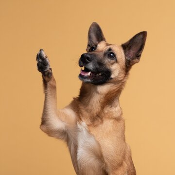 Playful belgian malinois dog raising paw against tan background