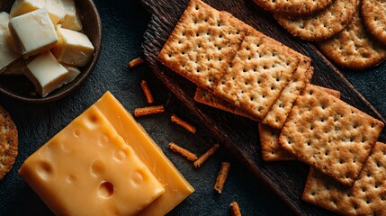 Flat lay of crackers and cheese with ample copy space, stock-ready