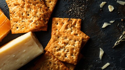 Flat lay of crackers and cheese with ample copy space, stock-ready