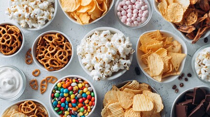 Fototapeta premium Flat lay of snack bowls with generous spacing, white table