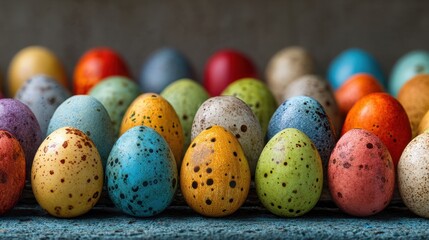 Many bright eggs with spots are placed tightly together on a blue cloth. This scene shows a collection that is likely for a spring celebration or festival activity.