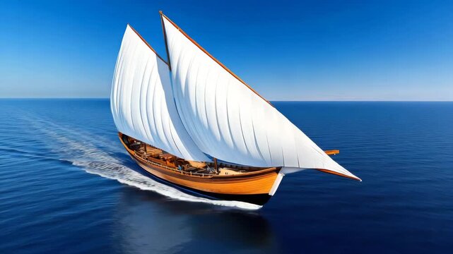 Sailing on a wooden boat with large sails across calm ocean waters on a sunny day