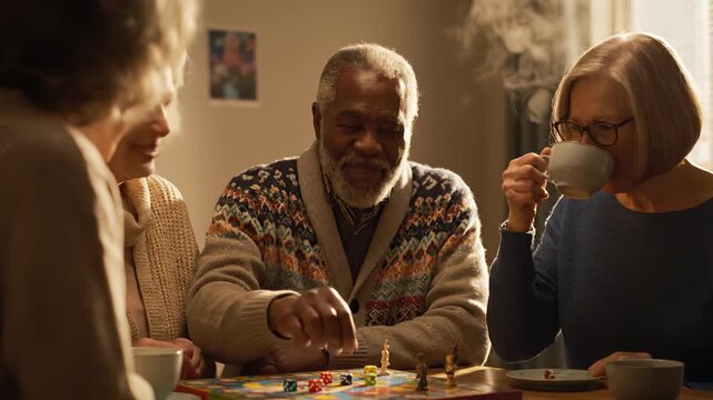 Group of seniors engaged in a lively board game session, showcasing joyful interactions and strategic moves, creating a warm and inviting atmosphere of friendship and fun