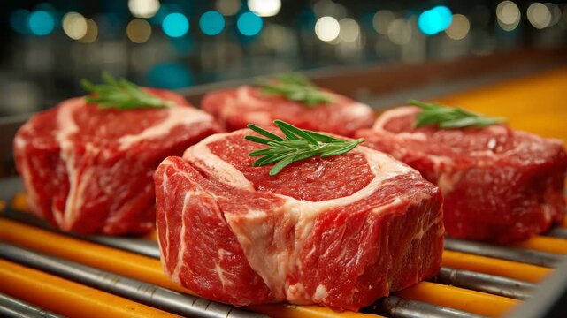 Fresh cuts of beef resting on a grill with herbs before cooking in a modern kitchen setting