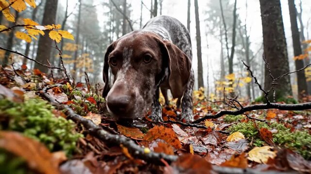 German shorthaired pointer hunting dog sniffing fallen leaves in a foggy autumn forest, tracking with its strong sense of smell footage