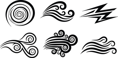 Line art decorative wind swirl icon set showing six black ornamental gust symbols in spiral and wave shapes isolated on white background with bold flat strokes