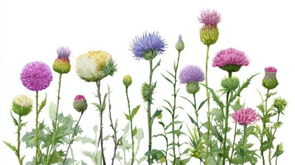 Different types of flowers grow together in a garden. Some flowers are round and fluffy while others are pointy. The scene shows a variety of colors during springtime.