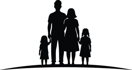 Silhouette vector flat design low angle family of four holding hands on horizon standing together parent and children backlit black profiles minimal composition isolated portrait concept