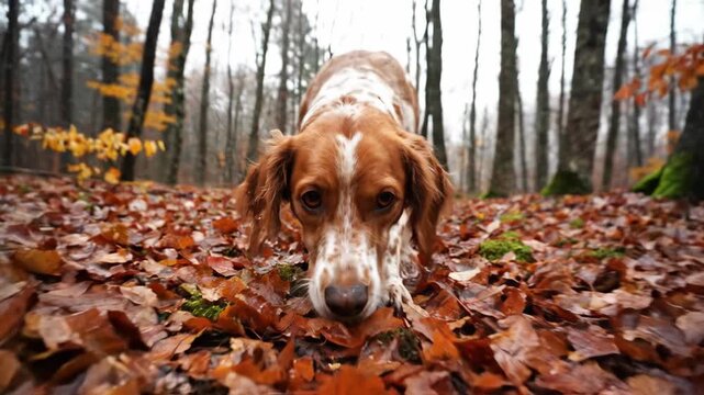 Brittany spaniel hunting dog sniffing autumn leaves on forest ground, searching for scent during hunting season footage.