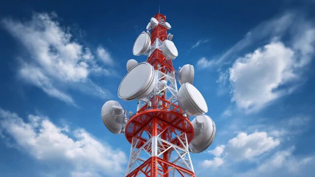Communication tower stands tall against blue sky with clouds during daylight hours