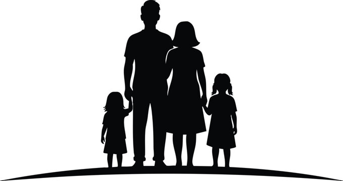 Silhouette vector flat design low angle family of four holding hands on horizon standing together parent and children backlit black profiles minimal composition isolated portrait concept
