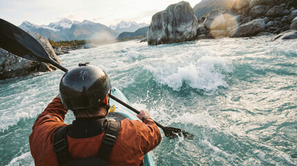 Person in kayak moves through flowing water with rocks and mountains in the background during sunset