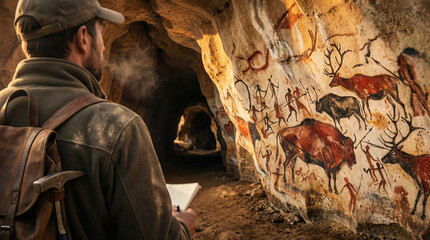 A person studies cave paintings that show animals and human figures while standing inside a dark cave during sunset