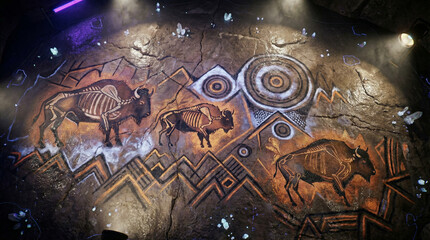 Buffalo skeletons are painted on a cave wall, surrounded by glowing crystals and dark rocky textures