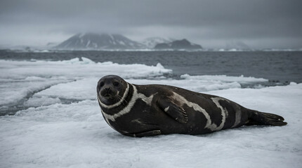 A seal lies on a piece of ice as mountains rise in the distance under a cloudy sky by the ocean