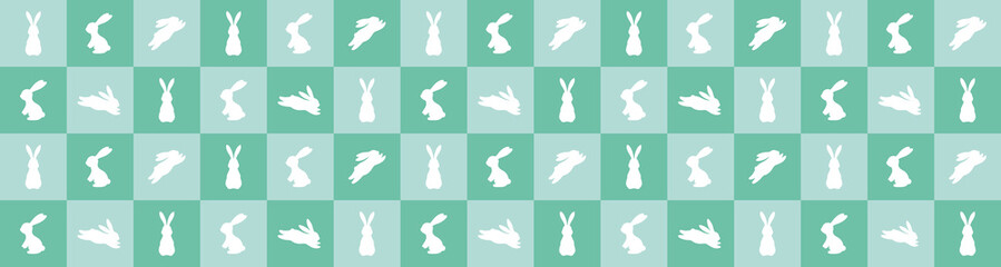 Easter bunny silhouettes pattern on pink and blue checkerboard background, spring rabbit vector banner