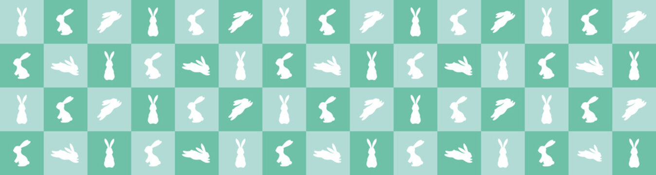 Easter bunny silhouettes pattern on pink and blue checkerboard background, spring rabbit vector banner