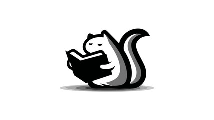 Charming black and white cartoon squirrel mascot reading a book, symbolizing learning, wisdom, and education