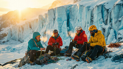 Four climbers sit on a glacier, resting and preparing their gear as the sun sets behind the icy landscape