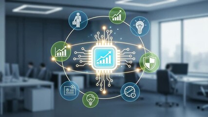 A central processing unit connecting business data and technology concepts in an office environment motion animated video 4k . - Powered by Adobe