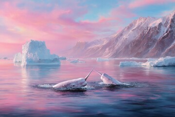 Whales swimming among icebergs in polar ocean at pastel sunset representing arctic wildlife, climate awareness, serenity and nature power