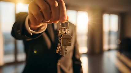 Handing over keys in a warm light setting  symbolizing new beginnings and opportunities