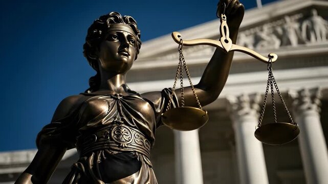 Lady justice holding scales beneath blue sky with classical architecture in background