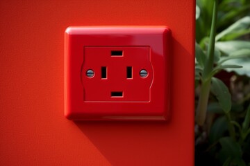 Red weatherproof power outlet for safely connecting electricity outdoors, with green plants in background