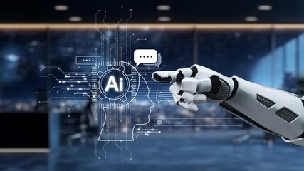 A robotic hand reaches toward a digital display of artificial intelligence concepts, showcasing technology interactions in a modern office environment emphasizing innovation. Auvana - Powered by Adobe