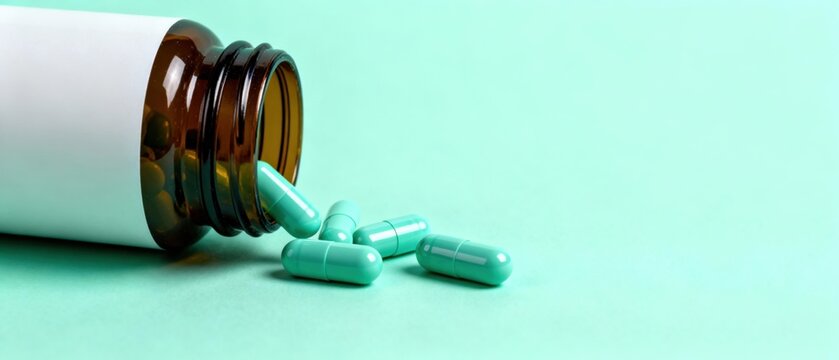 Vibrant turquoise capsules spill from an amber pill bottle against a matching background.