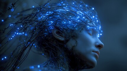 an organic brain interwoven with micro-wires and nanotech circuits, pulsing blue neural light, concept art sci-fi realism, 