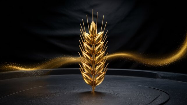 Golden metallic wheat ear on dark background with glowing particles