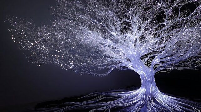 a tree with metallic veins and fiber-optic branches, half organic half synthetic, glowing data flow within its roots, biopunk fine art, 