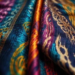 Handwoven Indonesian Ikat Textile With Embroidered Look Rainbow Detail Purple Gold Blue