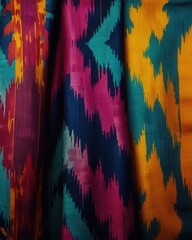 Authentic Indonesian Ikat Cloth With Dyed Geometric Rainbow Motifs in Pink, Blue, Orange and Purple