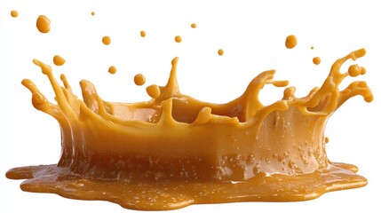 Brown liquid drops into a container creating a splash. Droplets rise above the surface forming a circular pattern. The splash highlights the liquid's texture and movement.