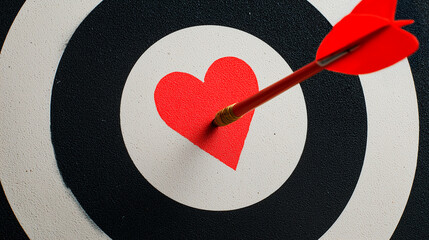 A dart arrow striking the center of a red heart on a target. Concept of success in love