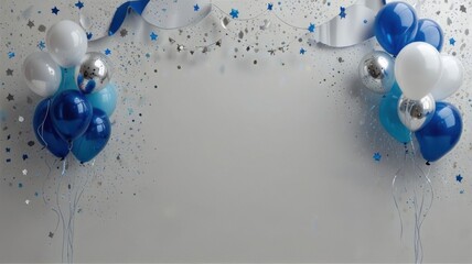 Blue And White Balloon Frame On White Wall With Clean Party Copy Space