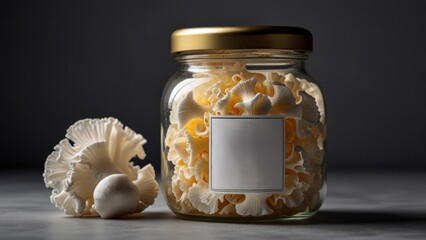 Tremella Mushroom In Glass Jar With Minimalist Label Snow Fungus Gourmet Mockup Background