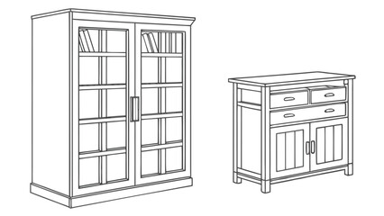 Furniture Vector Line Art Icon Set, Clean CAD Outline Interior Design Elements Isolated on White Background